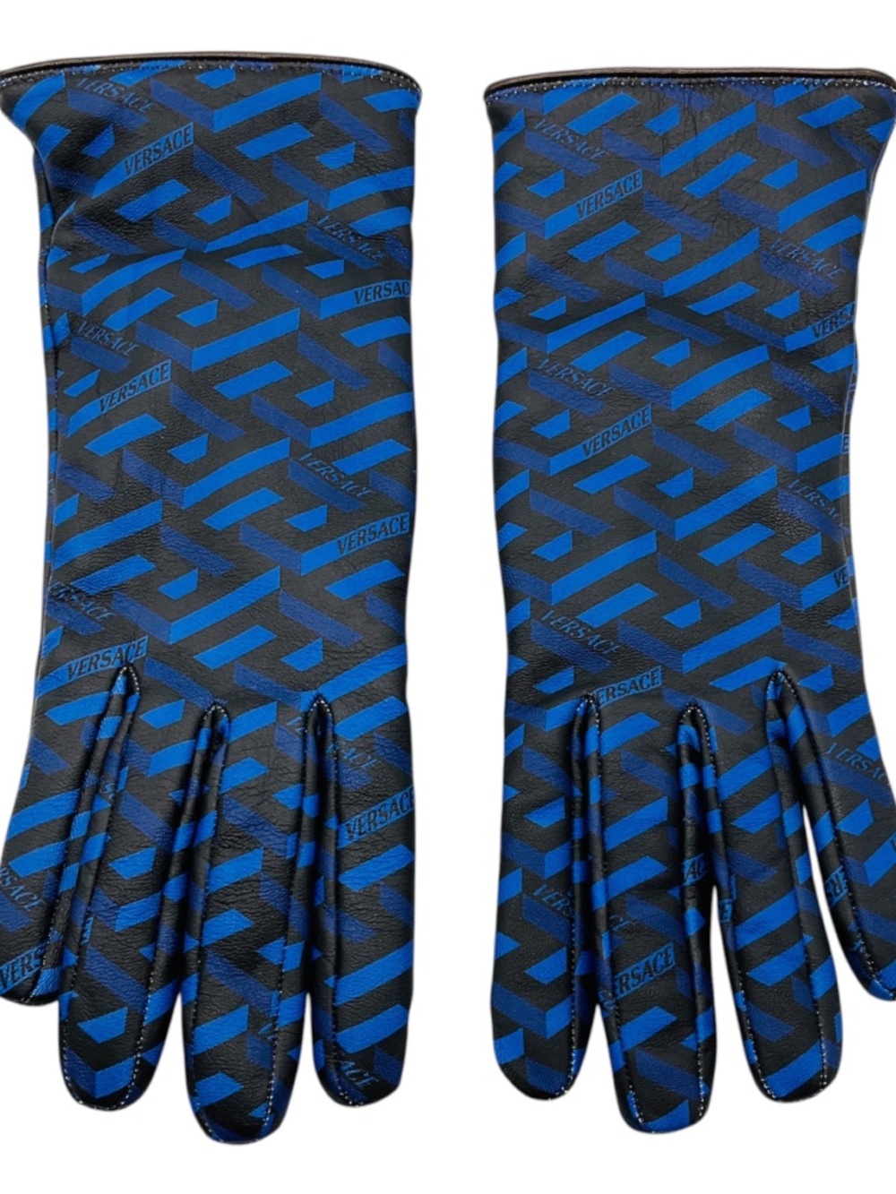Versace Blue / Black Logo Print Lambskin Leather Gloves
